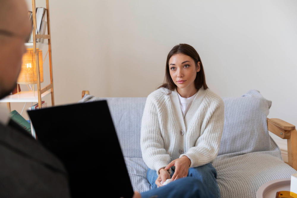 Young Woman in Therapy Session Discussing Mental Health