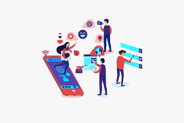 Illustration of people using mobile devices and apps with social media icons, showing how gaming and online identity connect in digital spaces.